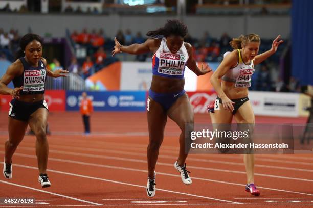 Asha Philip of Great Britain wins the gold medal during the Women's 60 metres final on day three of the 2017 European Athletics Indoor Championships...