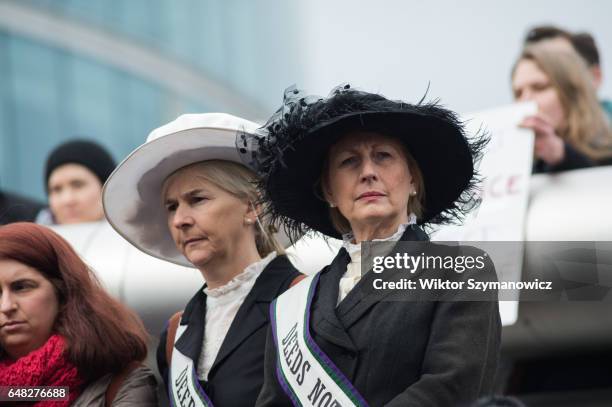 Modern suffragettes attend March4Women on March 05, 2017 in London, England. Organised by CARE International ahead of International Women's Day the...