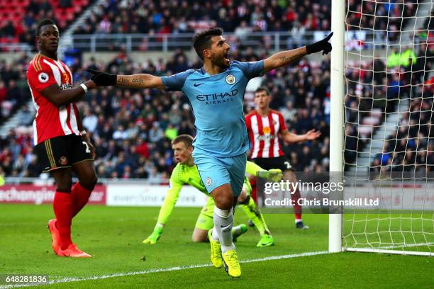 Sergio Aguero of Manchester City celebrates scoring the opening goal during the Premier League match between Sunderland and Manchester City at...