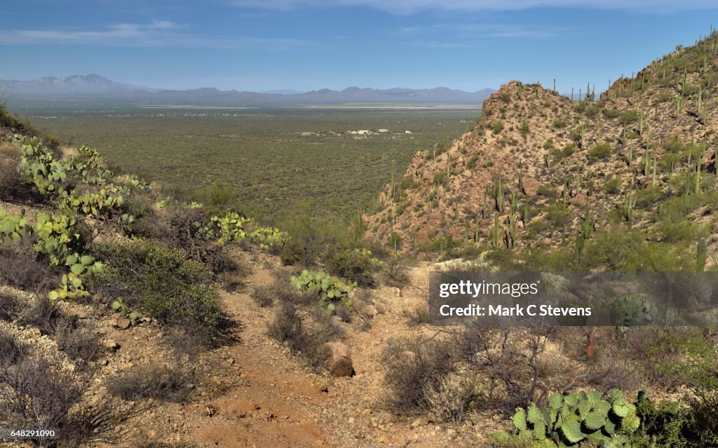 A View Beyond Gates Pass to a Desert Landscape and Mountains Beyond