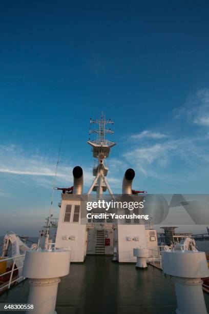 ship chimney in blue sky - ship funnel ストックフォトと画像