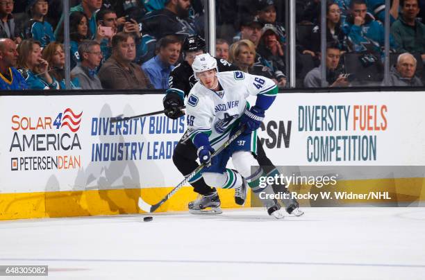 Jayson Megna of the Vancouver Canucks skates with the puck against Nikolay Goldobin of the San Jose Sharks at SAP Center on March 2, 2017 in San...