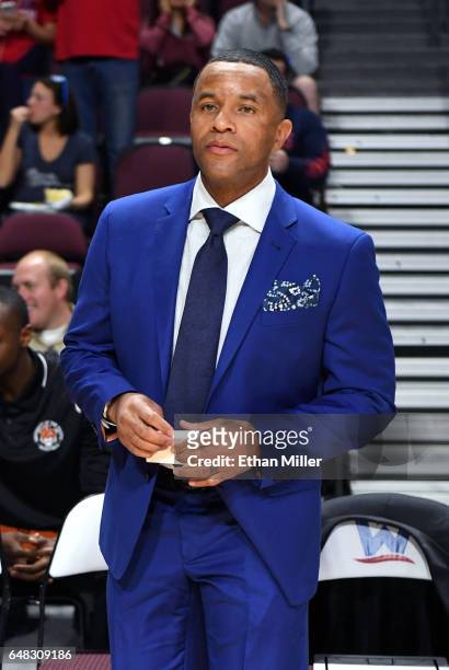 Head coach Damon Stoudamire of the Pacific Tigers stands on court before a quarterfinal game of the West Coast Conference Basketball Tournament...