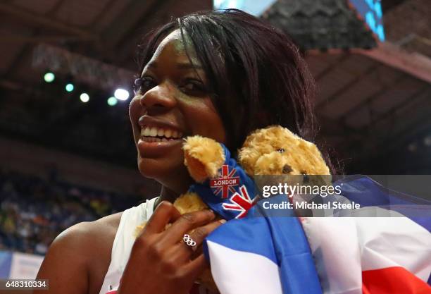 Asha Philip of Great Britain celebrates after winning the gold medal during the Women's 60 metres final on day three of the 2017 European Athletics...