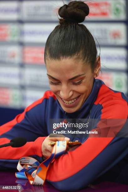 Ivana Spanovic of Serbia looks at her gold medal during a press conference, after she won the Womens Long Jump on day three of the 2017 European...