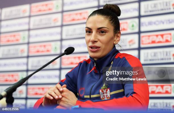 Ivana Spanovic of Serbia picturedl during a press conference, after she won the gold in the Womens Long Jump on day three of the 2017 European...