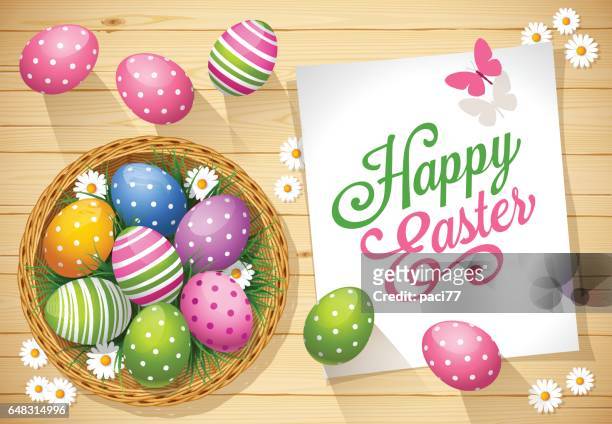 easter eggs with greeting card on a wooden background - eggs basket stock illustrations