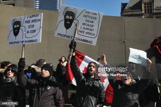 Group of Canadians gathered to protest against Islam, Muslims, Sharia Law and M-103 in downtown Toronto, Ontario, Canada, on March 04, 2017....