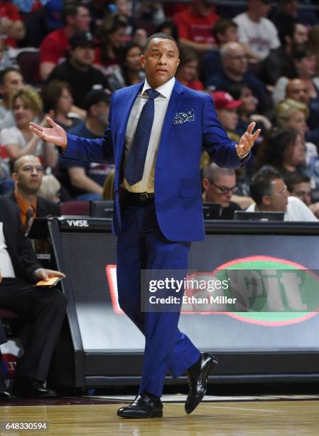 Head coach Damon Stoudamire of the Pacific Tigers reacts during a quarterfinal game of the West Coast Conference Basketball Tournament against the...