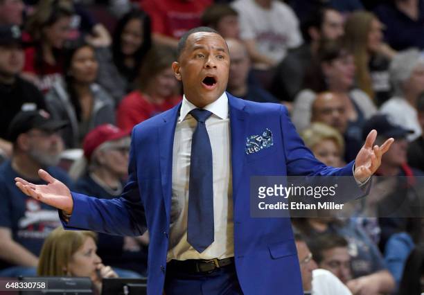 Head coach Damon Stoudamire of the Pacific Tigers reacts during a quarterfinal game of the West Coast Conference Basketball Tournament against the...