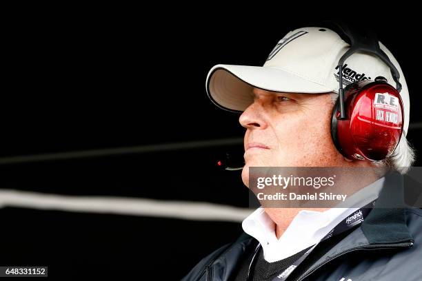 Hall of Famer and team owner Rick Hendrick stands on top of the Lowe's Chevrolet pit box during the Monster Energy NASCAR Cup Series Folds Of Honor...