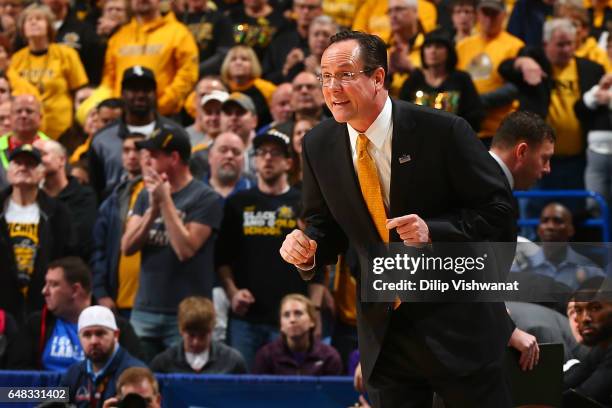 Head coach Gregg Marshall of the Wichita State Shockers directs his players against the Illinois State Redbirds during the Missouri Valley Conference...