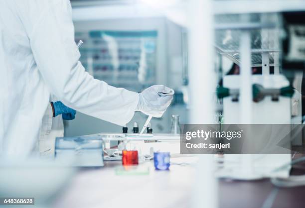 scientist using an automatic pipette - equipamento de laboratório imagens e fotografias de stock