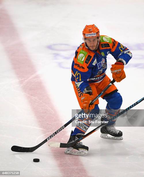 Steelers player Jonathan Phillips in action during the Ice Hockey Elite League Challenge Cup Final between Sheffield Steelers and Cardiff Devils at...