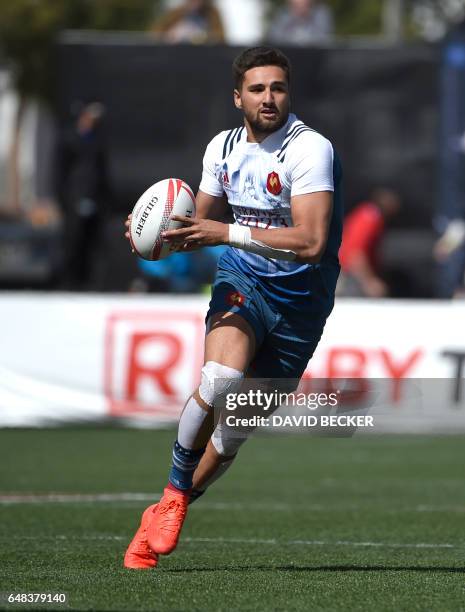 Sacha Valleau of France carries the ball against Kenya during day three of the USA Sevens Rugby tournament, part of the World Rugby Sevens Series,...