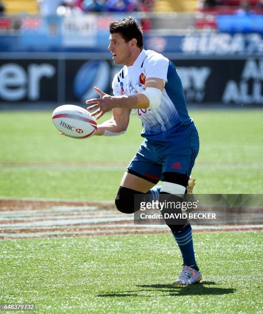 Jeremy Aicardi of France passes the ball against Kenya during day three of the USA Sevens Rugby tournament, part of the World Rugby Sevens Series,...