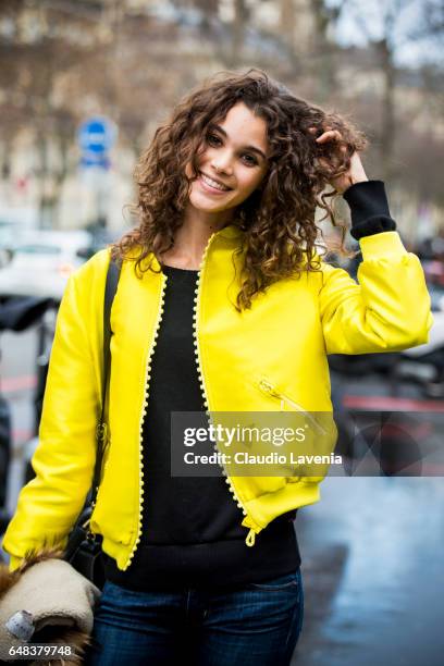 Model Pauline Hoarau is seen in the streets of Paris after the Akris show during Paris Fashion Week Womenswear Fall/Winter 2017/2018 on March 5, 2017...