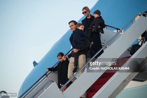 Senior White House adviser Jared Kushner and his wife Ivanka Trump step off Air Force One with their children Arabella , Joseph and Theodore at...