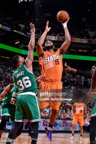 Alan Williams of the Phoenix Suns shoots the ball during the game against the Boston Celtics on March 5, 2017 at U.S. Airways Center in Phoenix,...