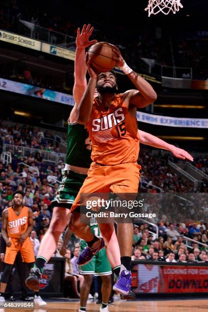 Alan Williams of the Phoenix Suns goes for a lay up during the game against the Boston Celtics on March 5, 2017 at U.S. Airways Center in Phoenix,...