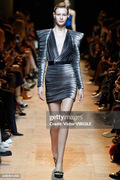 Model walks the runway during the Mugler Ready to Wear fashion show as part of the Paris Fashion Week Womenswear Fall/Winter 2017/2018 on March 4,...