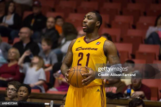 Roosevelt Jones of the Canton Charge inbounds the ball against the Westchester Knicks at the Canton Memorial Civic Center on March 5, 2017 in Canton,...