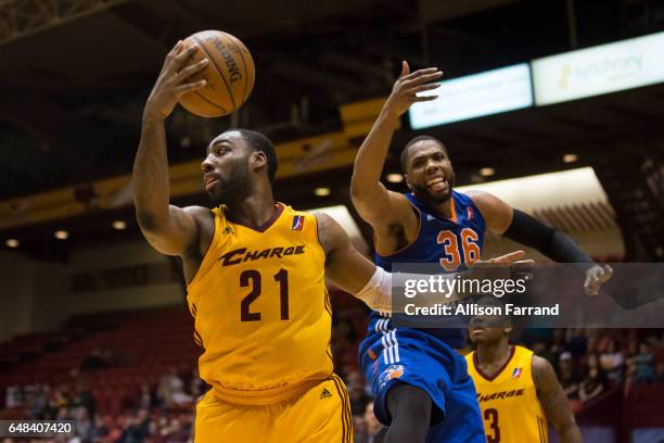 Roosevelt Jones of the Canton Charge grabs a rebound against the Westchester Knicks at the Canton Memorial Civic Center on March 5, 2017 in Canton,...