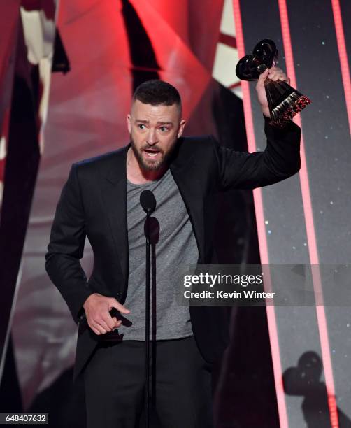 Singer Justin Timberlake accepts Song of the Year for 'Can't Stop the Feeling' onstage at the 2017 iHeartRadio Music Awards which broadcast live on...