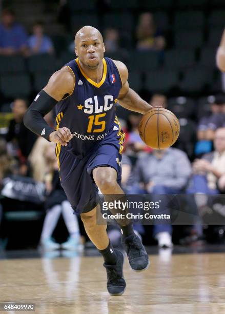 Sundiata Gaines of the Salt Lake City Stars brings the ball up the court against the Austin Spurs at the H-E-B Center At Cedar Park on March 5, 2017...