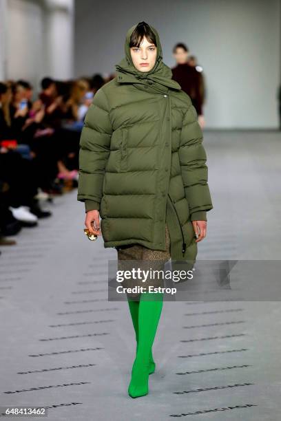 Model walks the runway during the Balenciaga designed by Demma Gvasalia show as part of the Paris Fashion Week Womenswear Fall/Winter 2017/2018 on...