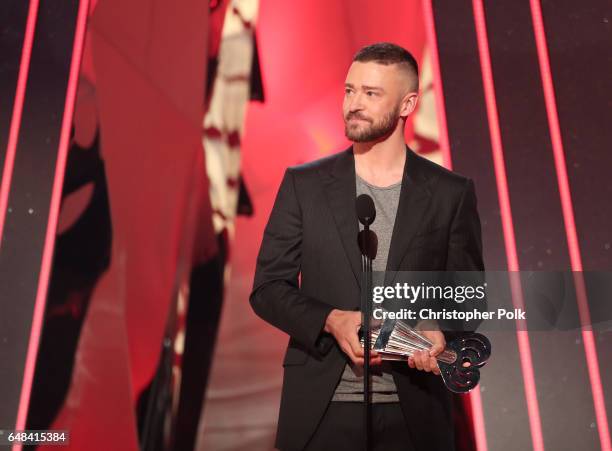 Musician Justin Timberlake accepts the Song of the Year award for 'Can't Stop the Feeling!' onstage at the 2017 iHeartRadio Music Awards which...