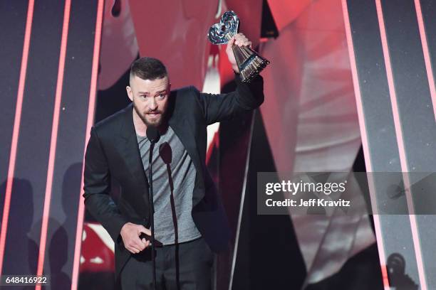 Entertainer Justin Timberlake accepts the award for Song of the Year for 'Can't Stop the Feeling' onstage at the 2017 iHeartRadio Music Awards which...