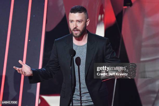 Entertainer Justin Timberlake accepts the award for Song of the Year for 'Can't Stop the Feeling' onstage at the 2017 iHeartRadio Music Awards which...