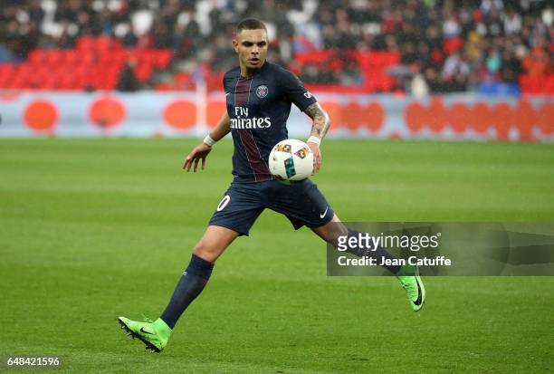 Layvin Kurzawa of PSG in action during the French Ligue 1 match between Paris Saint Germain and AS Nancy Lorraine at Parc des Princes stadium on...