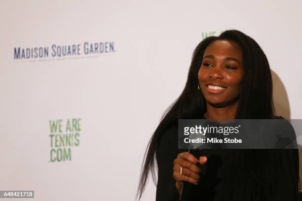 Venus Williams speaks to the media during the USTA Foundation WTD Player Cocktail Reception at JW Marriott Essex House on March 5, 2017 in New York...
