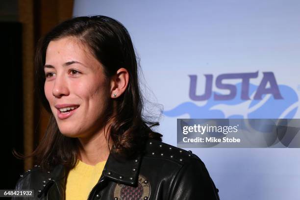 Garbine Muguruza is interviewed during the USTA Foundation WTD Player Cocktail Reception at JW Marriott Essex House on March 5, 2017 in New York City.
