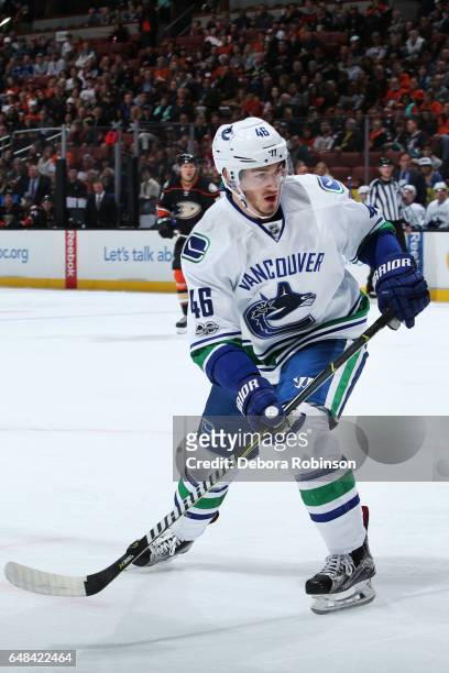 Jayson Megna of the Vancouver Canucks skates during the game against the Anaheim Ducks on March 4, 2017 at Honda Center in Anaheim, California.