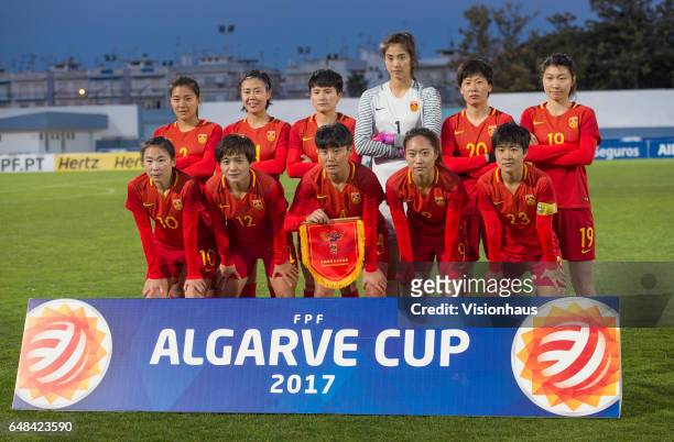 China players pose for a team photograph before the Group C 2017 Algarve Cup match between China Women and Sweden Women at the Vila Real de Santo...