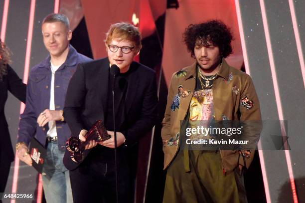 Singer-songwriter Ed Sheeran and producer Benny Blanco accept the Best Lyrics award for 'Divide' onstage at the 2017 iHeartRadio Music Awards which...