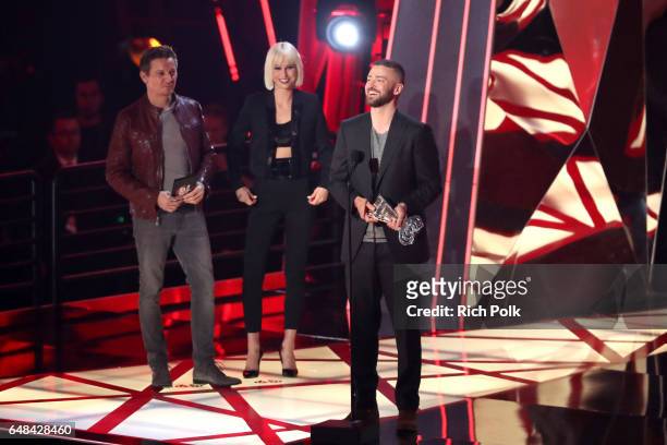 Singer Justin Timberlake accepts the Song of the Year award for 'Can't Stop The Feeling' from actor Jeremy Renner onstage at the 2017 iHeartRadio...