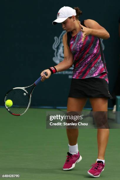 Ashleigh Barty of Australia plays a return shot to Nao Hibino of Japan during the Final of the 2017 WTA Malaysian Open at the TPC on March 5, 2017 in...