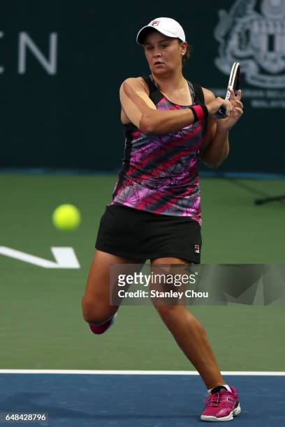 Ashleigh Barty of Australia plays a return shot to Nao Hibino of Japan during the Final of the 2017 WTA Malaysian Open at the TPC on March 5, 2017 in...