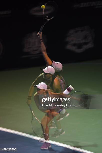 Ashleigh Barty of Australia plays a return shot to Nao Hibino of Japan during the Final of the 2017 WTA Malaysian Open at the TPC on March 5, 2017 in...