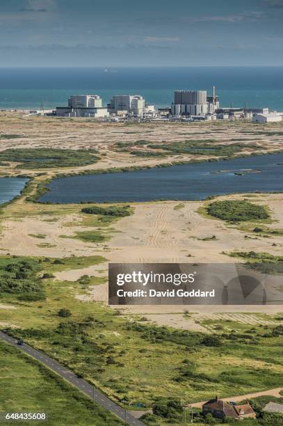 July 03. Aerial view of Denge Marsh with the Dungeness Nuclear Power Station in the background on July 03, 2009. The twin reactor power plant is...