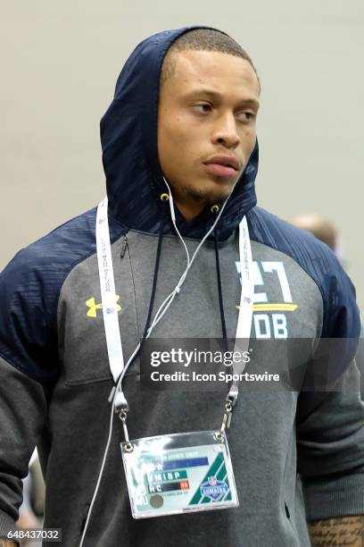 North Carolina State strong safety Josh Jones answers questions from members of the media during the NFL Scouting Combine on March 5, 2017 at Lucas...