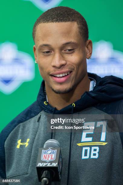 North Carolina State strong safety Josh Jones answers questions from the media during the NFL Scouting Combine on March 5, 2017 at Lucas Oil Stadium...