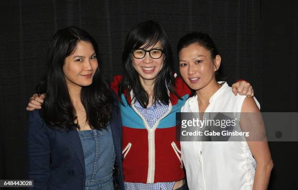 Actress Lynn Chen, writer/director Alice Wu and actress Michelle Krusiec attend the "Saving Face Reunion" panel during the ClexaCon 2017 convention...