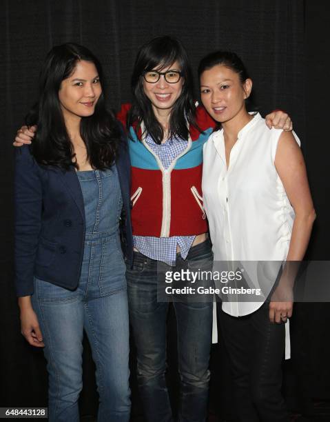 Actress Lynn Chen, writer/director Alice Wu and actress Michelle Krusiec attend the "Saving Face Reunion" panel during the ClexaCon 2017 convention...