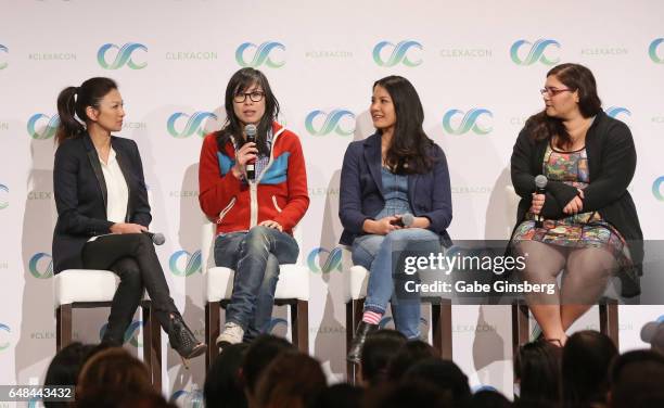 Actress Michelle Krusiec, writer/director Alice Wu, actress Lynn Chen and moderator Yael Tygiel speak at the "Saving Face Reunion" panel during the...