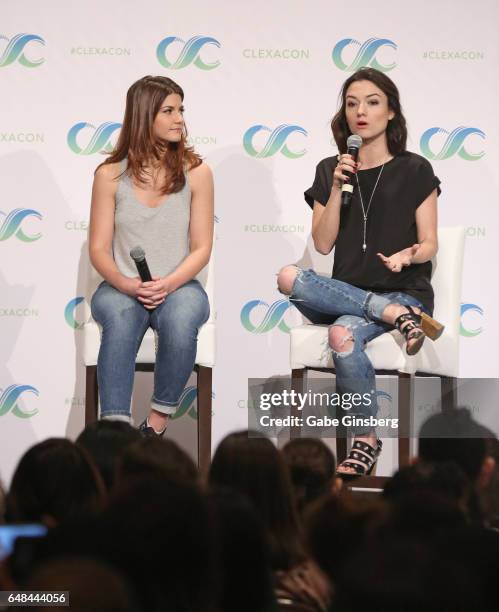 Actresses Elise Bauman and Natasha Negovanlis speak at the "Hollstein Reunion" panel during the ClexaCon 2017 convention at Bally's Las Vegas on...